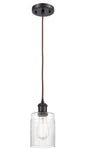 516-1P-OB-G342 Cord Hung 4.5" Oil Rubbed Bronze Mini Pendant - Clear Hadley Glass - LED Bulb - Dimmensions: 4.5 x 4.5 x 8<br>Minimum Height : 12.75<br>Maximum Height : 130.75 - Sloped Ceiling Compatible: Yes