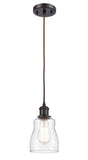 516-1P-OB-G392 Cord Hung 4.5" Oil Rubbed Bronze Mini Pendant - Clear Ellery Glass - LED Bulb - Dimmensions: 4.5 x 4.5 x 8<br>Minimum Height : 12.75<br>Maximum Height : 130.75 - Sloped Ceiling Compatible: Yes