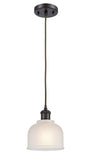 516-1P-OB-G411 Cord Hung 5.5" Oil Rubbed Bronze Mini Pendant - White Dayton Glass - LED Bulb - Dimmensions: 5.5 x 5.5 x 8.5<br>Minimum Height : 12.75<br>Maximum Height : 130.75 - Sloped Ceiling Compatible: Yes