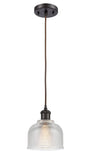516-1P-OB-G412 Cord Hung 5.5" Oil Rubbed Bronze Mini Pendant - Clear Dayton Glass - LED Bulb - Dimmensions: 5.5 x 5.5 x 8.5<br>Minimum Height : 12.75<br>Maximum Height : 130.75 - Sloped Ceiling Compatible: Yes