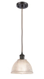516-1P-OB-G422 Cord Hung 8" Oil Rubbed Bronze Mini Pendant - Clear Arietta Glass - LED Bulb - Dimmensions: 8 x 8 x 8<br>Minimum Height : 12.75<br>Maximum Height : 130.75 - Sloped Ceiling Compatible: Yes