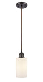 516-1P-OB-G801 Cord Hung 3.875" Oil Rubbed Bronze Mini Pendant - Matte White Clymer Glass - LED Bulb - Dimmensions: 3.875 x 3.875 x 10<br>Minimum Height : 12.75<br>Maximum Height : 130.75 - Sloped Ceiling Compatible: Yes