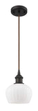516-1P-OB-G91 Cord Hung 6.5" Oil Rubbed Bronze Mini Pendant - Matte White Fenton Glass - LED Bulb - Dimmensions: 6.5 x 6.5 x 7.5<br>Minimum Height : 11.25<br>Maximum Height : 129.25 - Sloped Ceiling Compatible: Yes