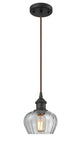 516-1P-OB-G92 Cord Hung 6.5" Oil Rubbed Bronze Mini Pendant - Clear Fenton Glass - LED Bulb - Dimmensions: 6.5 x 6.5 x 7.5<br>Minimum Height : 11.25<br>Maximum Height : 129.25 - Sloped Ceiling Compatible: Yes