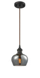516-1P-OB-G93 Cord Hung 6.5" Oil Rubbed Bronze Mini Pendant - Plated Smoke Fenton Glass - LED Bulb - Dimmensions: 6.5 x 6.5 x 7.5<br>Minimum Height : 11.25<br>Maximum Height : 129.25 - Sloped Ceiling Compatible: Yes