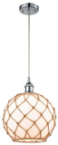 516-1P-PC-G121-10RB Cord Hung 10" Polished Chrome Mini Pendant - White Large Farmhouse Glass with Brown Rope Glass - LED Bulb - Dimmensions: 10 x 10 x 13<br>Minimum Height : 15.75<br>Maximum Height : 133.75 - Sloped Ceiling Compatible: Yes