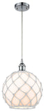 516-1P-PC-G121-10RW Cord Hung 10" Polished Chrome Mini Pendant - White Large Farmhouse Glass with White Rope Glass - LED Bulb - Dimmensions: 10 x 10 x 13<br>Minimum Height : 15.75<br>Maximum Height : 133.75 - Sloped Ceiling Compatible: Yes