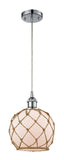 516-1P-PC-G121-8RB Cord Hung 8" Polished Chrome Mini Pendant - White Farmhouse Glass with Brown Rope Glass - LED Bulb - Dimmensions: 8 x 8 x 10<br>Minimum Height : 13.75<br>Maximum Height : 131.75 - Sloped Ceiling Compatible: Yes