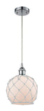 516-1P-PC-G121-8RW Cord Hung 8" Polished Chrome Mini Pendant - White Farmhouse Glass with White Rope Glass - LED Bulb - Dimmensions: 8 x 8 x 10<br>Minimum Height : 13.75<br>Maximum Height : 131.75 - Sloped Ceiling Compatible: Yes