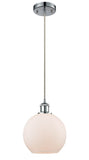 516-1P-PC-G121-8 Cord Hung 8" Polished Chrome Mini Pendant - Cased Matte White Athens Glass - LED Bulb - Dimmensions: 8 x 8 x 10<br>Minimum Height : 13.75<br>Maximum Height : 131.75 - Sloped Ceiling Compatible: Yes