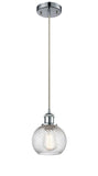 516-1P-PC-G1214-6 Cord Hung 6" Polished Chrome Mini Pendant - Clear Athens Twisted Swirl 6" Glass - LED Bulb - Dimmensions: 6 x 6 x 8<br>Minimum Height : 13.75<br>Maximum Height : 131.75 - Sloped Ceiling Compatible: Yes