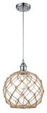 516-1P-PC-G122-10RB Cord Hung 10" Polished Chrome Mini Pendant - Clear Large Farmhouse Glass with Brown Rope Glass - LED Bulb - Dimmensions: 10 x 10 x 13<br>Minimum Height : 15.75<br>Maximum Height : 133.75 - Sloped Ceiling Compatible: Yes