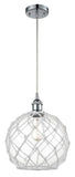 516-1P-PC-G122-10RW Cord Hung 10" Polished Chrome Mini Pendant - Clear Large Farmhouse Glass with White Rope Glass - LED Bulb - Dimmensions: 10 x 10 x 13<br>Minimum Height : 15.75<br>Maximum Height : 133.75 - Sloped Ceiling Compatible: Yes