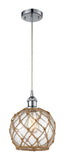 516-1P-PC-G122-8RB Cord Hung 8" Polished Chrome Mini Pendant - Clear Farmhouse Glass with Brown Rope Glass - LED Bulb - Dimmensions: 8 x 8 x 10<br>Minimum Height : 13.75<br>Maximum Height : 131.75 - Sloped Ceiling Compatible: Yes
