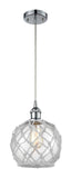 516-1P-PC-G122-8RW Cord Hung 8" Polished Chrome Mini Pendant - Clear Farmhouse Glass with White Rope Glass - LED Bulb - Dimmensions: 8 x 8 x 10<br>Minimum Height : 13.75<br>Maximum Height : 131.75 - Sloped Ceiling Compatible: Yes