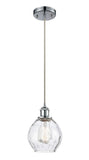 516-1P-PC-G362 Cord Hung 6" Polished Chrome Mini Pendant - Clear Small Waverly Glass - LED Bulb - Dimmensions: 6 x 6 x 9<br>Minimum Height : 12.75<br>Maximum Height : 130.75 - Sloped Ceiling Compatible: Yes