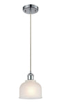 516-1P-PC-G411 Cord Hung 5.5" Polished Chrome Mini Pendant - White Dayton Glass - LED Bulb - Dimmensions: 5.5 x 5.5 x 8.5<br>Minimum Height : 12.75<br>Maximum Height : 130.75 - Sloped Ceiling Compatible: Yes