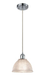 516-1P-PC-G422 Cord Hung 8" Polished Chrome Mini Pendant - Clear Arietta Glass - LED Bulb - Dimmensions: 8 x 8 x 8<br>Minimum Height : 12.75<br>Maximum Height : 130.75 - Sloped Ceiling Compatible: Yes