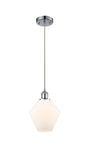 516-1P-PC-G651-8 Cord Hung 8" Polished Chrome Mini Pendant - Cased Matte White Cindyrella 8" Glass - LED Bulb - Dimmensions: 8 x 8 x 11<br>Minimum Height : 14<br>Maximum Height : 131 - Sloped Ceiling Compatible: Yes
