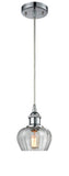516-1P-PC-G92 Cord Hung 6.5" Polished Chrome Mini Pendant - Clear Fenton Glass - LED Bulb - Dimmensions: 6.5 x 6.5 x 7.5<br>Minimum Height : 11.25<br>Maximum Height : 129.25 - Sloped Ceiling Compatible: Yes