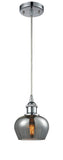 516-1P-PC-G93 Cord Hung 6.5" Polished Chrome Mini Pendant - Plated Smoke Fenton Glass - LED Bulb - Dimmensions: 6.5 x 6.5 x 7.5<br>Minimum Height : 11.25<br>Maximum Height : 129.25 - Sloped Ceiling Compatible: Yes