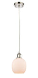 516-1P-PN-G101 Cord Hung 6" Polished Nickel Mini Pendant - Matte White Belfast Glass - LED Bulb - Dimmensions: 6 x 6 x 9<br>Minimum Height : 12.75<br>Maximum Height : 130.75 - Sloped Ceiling Compatible: Yes