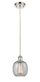 516-1P-PN-G104 Cord Hung 6" Polished Nickel Mini Pendant - Seedy Belfast Glass - LED Bulb - Dimmensions: 6 x 6 x 9<br>Minimum Height : 12.75<br>Maximum Height : 130.75 - Sloped Ceiling Compatible: Yes