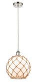 516-1P-PN-G121-10RB Cord Hung 10" Polished Nickel Mini Pendant - White Large Farmhouse Glass with Brown Rope Glass - LED Bulb - Dimmensions: 10 x 10 x 13<br>Minimum Height : 15.75<br>Maximum Height : 133.75 - Sloped Ceiling Compatible: Yes
