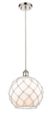 516-1P-PN-G121-10RW Cord Hung 10" Polished Nickel Mini Pendant - White Large Farmhouse Glass with White Rope Glass - LED Bulb - Dimmensions: 10 x 10 x 13<br>Minimum Height : 15.75<br>Maximum Height : 133.75 - Sloped Ceiling Compatible: Yes