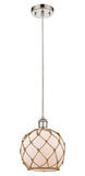 516-1P-PN-G121-8RB Cord Hung 8" Polished Nickel Mini Pendant - White Farmhouse Glass with Brown Rope Glass - LED Bulb - Dimmensions: 8 x 8 x 10<br>Minimum Height : 13.75<br>Maximum Height : 131.75 - Sloped Ceiling Compatible: Yes