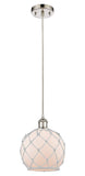 516-1P-PN-G121-8RW Cord Hung 8" Polished Nickel Mini Pendant - White Farmhouse Glass with White Rope Glass - LED Bulb - Dimmensions: 8 x 8 x 10<br>Minimum Height : 13.75<br>Maximum Height : 131.75 - Sloped Ceiling Compatible: Yes