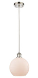 516-1P-PN-G121-8 Cord Hung 8" Polished Nickel Mini Pendant - Cased Matte White Athens Glass - LED Bulb - Dimmensions: 8 x 8 x 10<br>Minimum Height : 13.75<br>Maximum Height : 131.75 - Sloped Ceiling Compatible: Yes