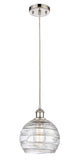 516-1P-PN-G1213-8 Cord Hung 8" Polished Nickel Mini Pendant - Clear Athens Deco Swirl 8" Glass - LED Bulb - Dimmensions: 8 x 8 x 10<br>Minimum Height : 13.75<br>Maximum Height : 131.75 - Sloped Ceiling Compatible: Yes
