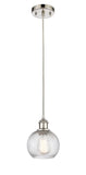 516-1P-PN-G1214-6 Cord Hung 6" Polished Nickel Mini Pendant - Clear Athens Twisted Swirl 6" Glass - LED Bulb - Dimmensions: 6 x 6 x 8<br>Minimum Height : 13.75<br>Maximum Height : 131.75 - Sloped Ceiling Compatible: Yes
