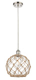 516-1P-PN-G122-10RB Cord Hung 10" Polished Nickel Mini Pendant - Clear Large Farmhouse Glass with Brown Rope Glass - LED Bulb - Dimmensions: 10 x 10 x 13<br>Minimum Height : 15.75<br>Maximum Height : 133.75 - Sloped Ceiling Compatible: Yes