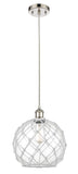 516-1P-PN-G122-10RW Cord Hung 10" Polished Nickel Mini Pendant - Clear Large Farmhouse Glass with White Rope Glass - LED Bulb - Dimmensions: 10 x 10 x 13<br>Minimum Height : 15.75<br>Maximum Height : 133.75 - Sloped Ceiling Compatible: Yes