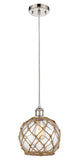 516-1P-PN-G122-8RB Cord Hung 8" Polished Nickel Mini Pendant - Clear Farmhouse Glass with Brown Rope Glass - LED Bulb - Dimmensions: 8 x 8 x 10<br>Minimum Height : 13.75<br>Maximum Height : 131.75 - Sloped Ceiling Compatible: Yes