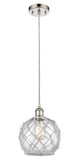 516-1P-PN-G122-8RW Cord Hung 8" Polished Nickel Mini Pendant - Clear Farmhouse Glass with White Rope Glass - LED Bulb - Dimmensions: 8 x 8 x 10<br>Minimum Height : 13.75<br>Maximum Height : 131.75 - Sloped Ceiling Compatible: Yes