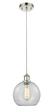 516-1P-PN-G122-8 Cord Hung 8" Polished Nickel Mini Pendant - Clear Athens Glass - LED Bulb - Dimmensions: 8 x 8 x 10<br>Minimum Height : 13.75<br>Maximum Height : 131.75 - Sloped Ceiling Compatible: Yes