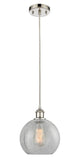 516-1P-PN-G125-8 Cord Hung 8" Polished Nickel Mini Pendant - Clear Crackle Athens Glass - LED Bulb - Dimmensions: 8 x 8 x 10<br>Minimum Height : 13.75<br>Maximum Height : 131.75 - Sloped Ceiling Compatible: Yes