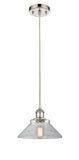 516-1P-PN-G132 Cord Hung 8.375" Polished Nickel Mini Pendant - Clear Orwell Glass - LED Bulb - Dimmensions: 8.375 x 8.375 x 6.5<br>Minimum Height : 10.75<br>Maximum Height : 128.75 - Sloped Ceiling Compatible: Yes