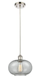 516-1P-PN-G247 Cord Hung 9.5" Polished Nickel Mini Pendant - Charcoal Gorham Glass - LED Bulb - Dimmensions: 9.5 x 9.5 x 11<br>Minimum Height : 13.75<br>Maximum Height : 131.75 - Sloped Ceiling Compatible: Yes