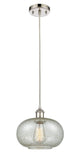 516-1P-PN-G249 Cord Hung 9.5" Polished Nickel Mini Pendant - Mica Gorham Glass - LED Bulb - Dimmensions: 9.5 x 9.5 x 11<br>Minimum Height : 13.75<br>Maximum Height : 131.75 - Sloped Ceiling Compatible: Yes