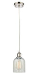516-1P-PN-G2511 Cord Hung 5" Polished Nickel Mini Pendant - Mouchette Caledonia Glass - LED Bulb - Dimmensions: 5 x 5 x 10<br>Minimum Height : 12.75<br>Maximum Height : 130.75 - Sloped Ceiling Compatible: Yes