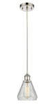 516-1P-PN-G275 Cord Hung 6" Polished Nickel Mini Pendant - Clear Crackle Conesus Glass - LED Bulb - Dimmensions: 6 x 6 x 10<br>Minimum Height : 13.75<br>Maximum Height : 131.75 - Sloped Ceiling Compatible: Yes