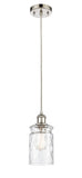 516-1P-PN-G352 Cord Hung 4.75" Polished Nickel Mini Pendant - Clear Waterglass Candor Glass - LED Bulb - Dimmensions: 4.75 x 4.75 x 9.5<br>Minimum Height : 13.75<br>Maximum Height : 131.75 - Sloped Ceiling Compatible: Yes