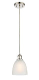 516-1P-PN-G381 Cord Hung 6" Polished Nickel Mini Pendant - White Castile Glass - LED Bulb - Dimmensions: 6 x 6 x 9<br>Minimum Height : 12.75<br>Maximum Height : 130.75 - Sloped Ceiling Compatible: Yes