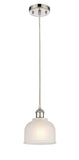 516-1P-PN-G411 Cord Hung 5.5" Polished Nickel Mini Pendant - White Dayton Glass - LED Bulb - Dimmensions: 5.5 x 5.5 x 8.5<br>Minimum Height : 12.75<br>Maximum Height : 130.75 - Sloped Ceiling Compatible: Yes