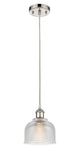 516-1P-PN-G412 Cord Hung 5.5" Polished Nickel Mini Pendant - Clear Dayton Glass - LED Bulb - Dimmensions: 5.5 x 5.5 x 8.5<br>Minimum Height : 12.75<br>Maximum Height : 130.75 - Sloped Ceiling Compatible: Yes