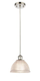 516-1P-PN-G422 Cord Hung 8" Polished Nickel Mini Pendant - Clear Arietta Glass - LED Bulb - Dimmensions: 8 x 8 x 8<br>Minimum Height : 12.75<br>Maximum Height : 130.75 - Sloped Ceiling Compatible: Yes